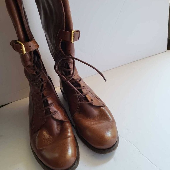 Burberry Womens Riding Boots Brown Leather Buckles Knee High Flat Lace U… - Picture 2 of 12